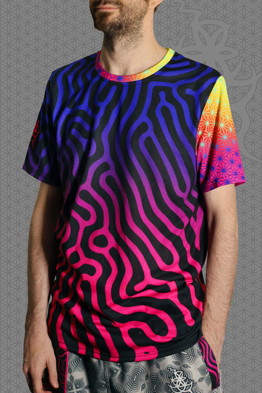 front view psychedelic short sleeve t-shirt with black base and flowing pink-to-purple gradient pattern, featuring contrasting rainbow geometric trim on the sleeve and collar