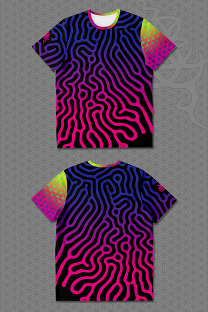 flat view psychedelic short sleeve t-shirt with black base and flowing pink-to-purple gradient pattern, featuring contrasting rainbow geometric trim on the sleeve and collar