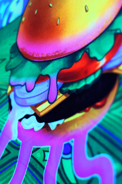 close-up view SpongeBob-inspired psychedelic tapestry krabby patty