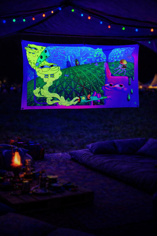 festival view blacklight SpongeBob-inspired psychedelic tapestry glowing under blacklight, featuring a distorted, melting SpongeBob figure on the left, a surreal purple character on the right, and a vibrant underwater landscape with geometric green terrain, jellyfish, and abstract shapes, all in neon blue, green, and pink hues.
