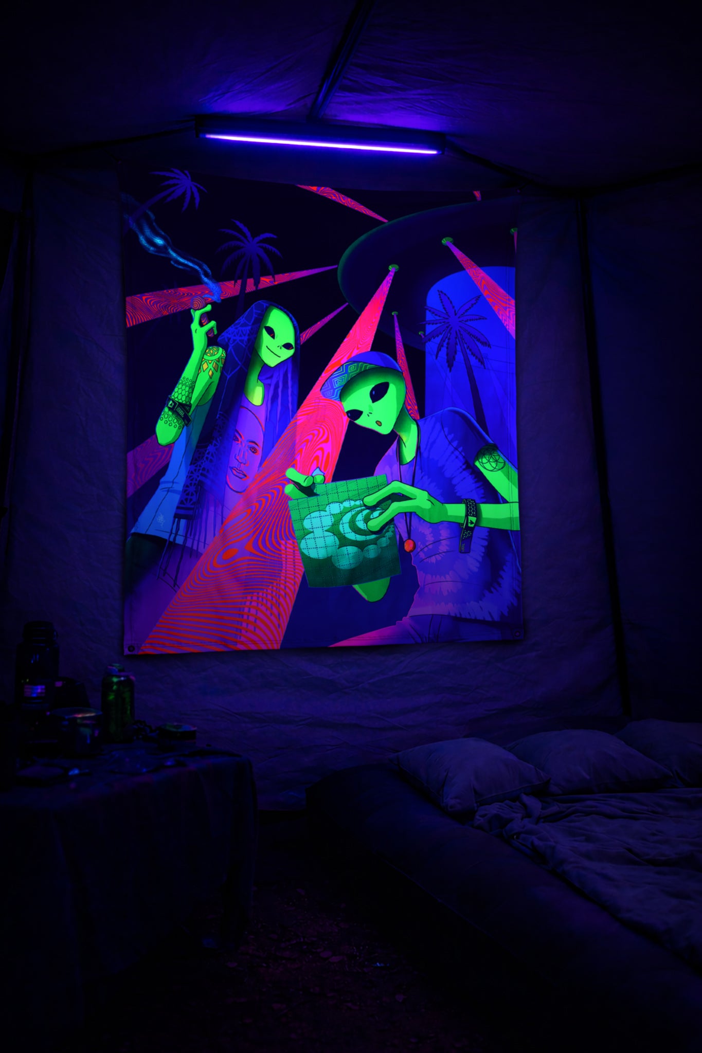 festival view blacklight psychedelic tapestry with neon aliens at a desert rave under a UFO, palm trees, pink light beams