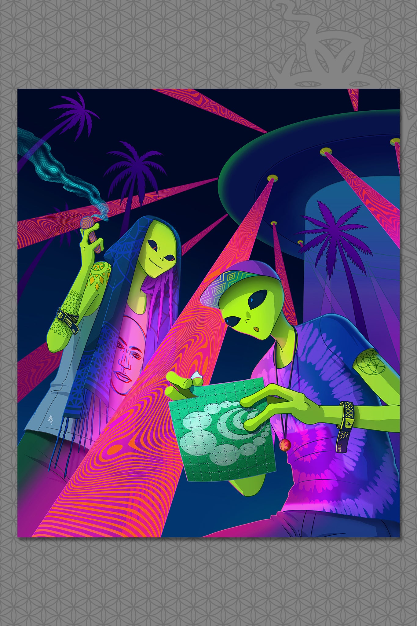 flat view blacklight psychedelic tapestry with neon aliens at a desert rave under a UFO, palm trees, pink light beams