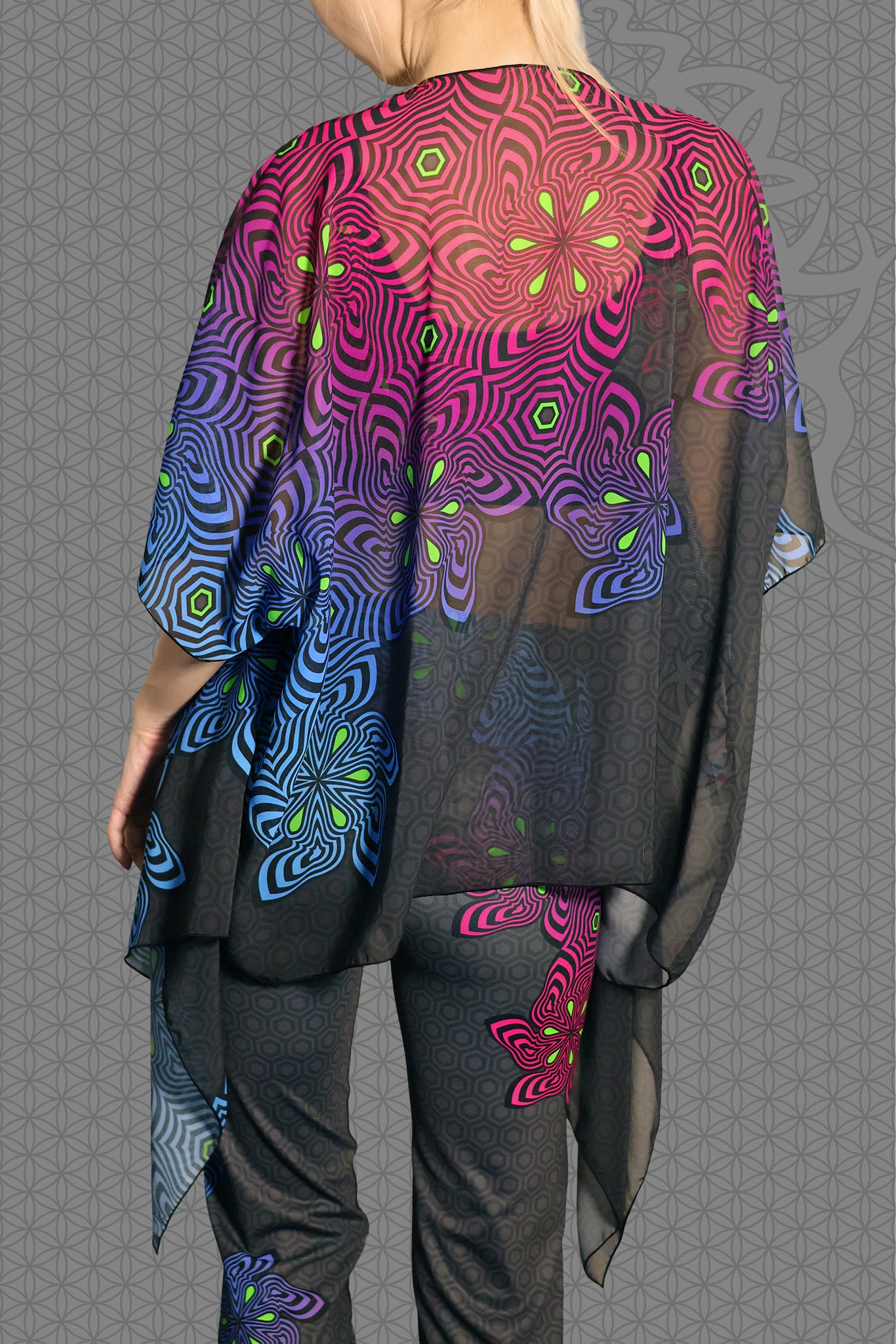 back view sheer chiffon psychedelic rave kimono with neon pink, purple, blue, and green geometric optical patterns on black